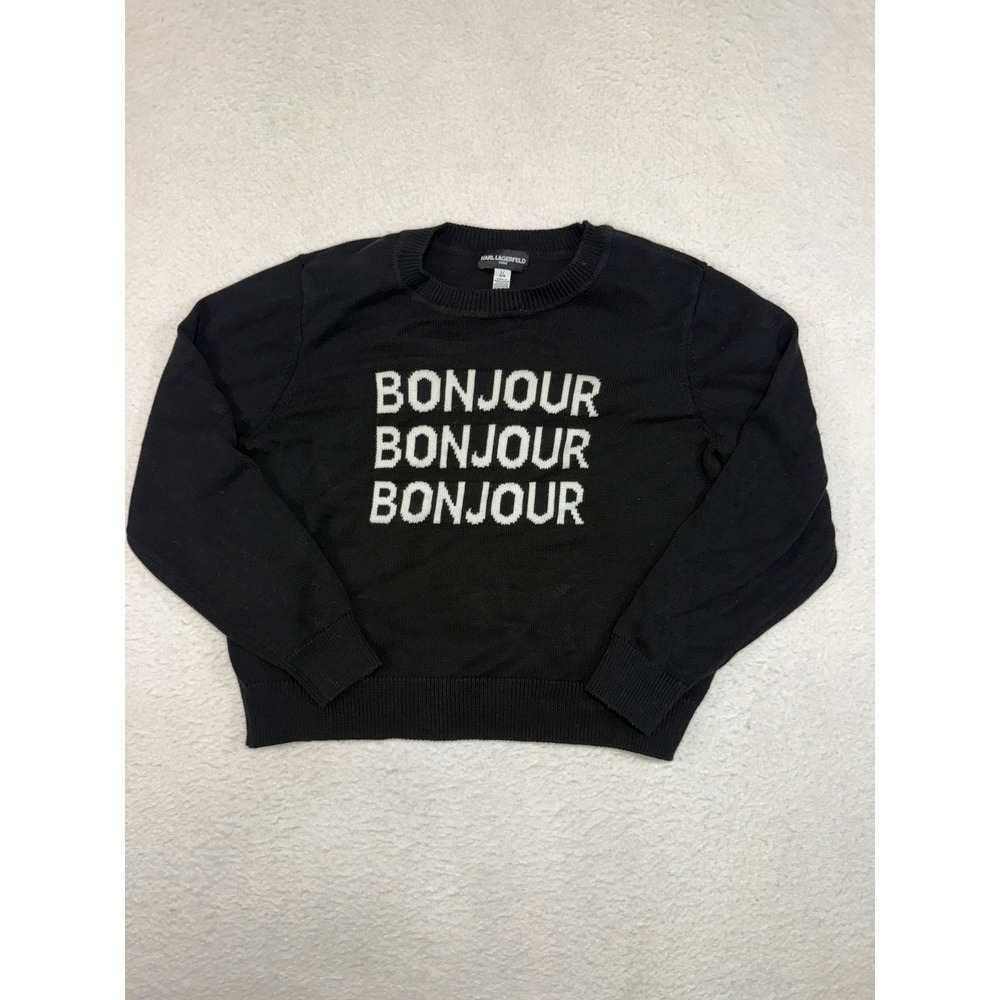 Karl Lagerfeld Paris Bonjour Graphic Sweater Black White Crew Neck Large